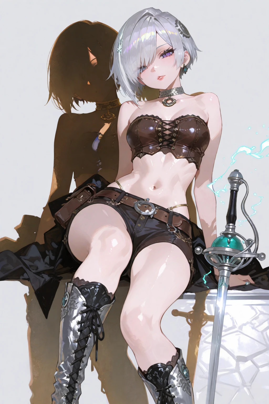 masterpiece, best quality, amazing quality, hyper-detailed, newest, very aesthetic, 1 woman, silky glossy flowing high layered platinum silver pixie cut, lewd expression, seduction, sexy lips, great body proportion, wearing tube top with a line-art scorpion on it, shorts, heavy lace-up boots up to the knees, choker, shiny chrome plated rapier, background stone coliseum, dieselpunk, steampunk, highly detailed, sharp focus and contrast, extremely clear image, (super detail, enhance, boost) effects, (brilliant light and shadow, seamless, contrast, gradation) effects, professional lighting effect magic