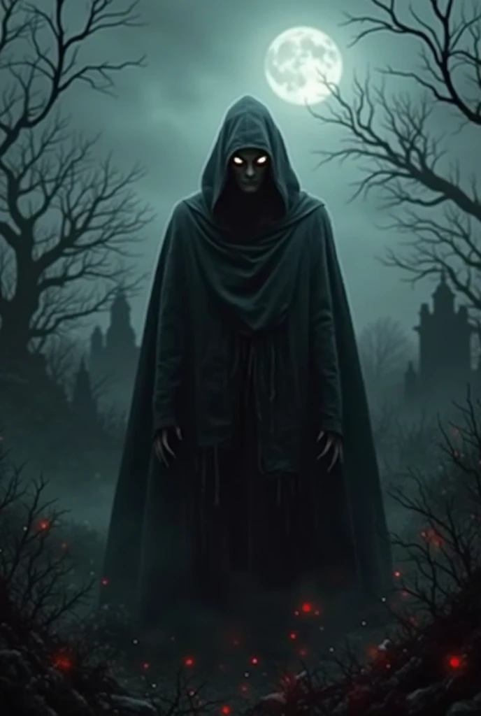 Create a chilling scene where a dark, ethereal entity whispers to a man. The setting is a shadowy, abandoned room with flickering candlelight casting eerie shadows on the walls. The entity is a ghostly, translucent figure, shrouded in swirling, dark mist, with piercing, glowing eyes and long, claw-like fingers reaching towards the man. The man stands frozen in fear, his face pale and eyes wide with terror, as the entity leans in close, its sinister whisper creating visible, icy breath. The atmosphere is heavy with a sense of dread and impending doom.