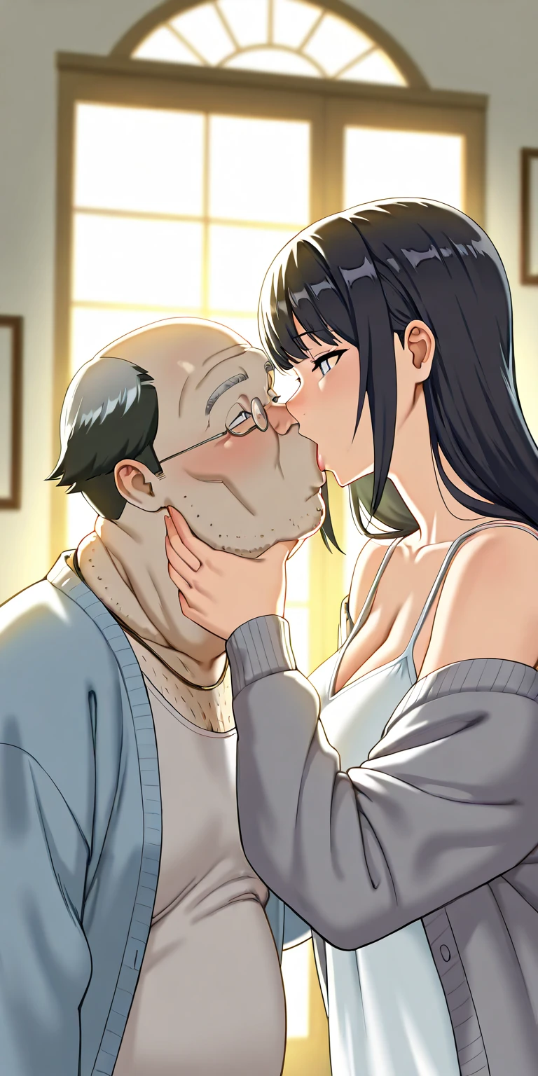 Hot sexy beautiful milf bathing happily with ugly bald old man in bath tub while hugging each other , hoops earrings,huge breast,black hair,free long hair,blush,black eyes,1 girl,1 boy, necklace ,nipple piercings ,navel piercing ,messy wet hair,wet body,