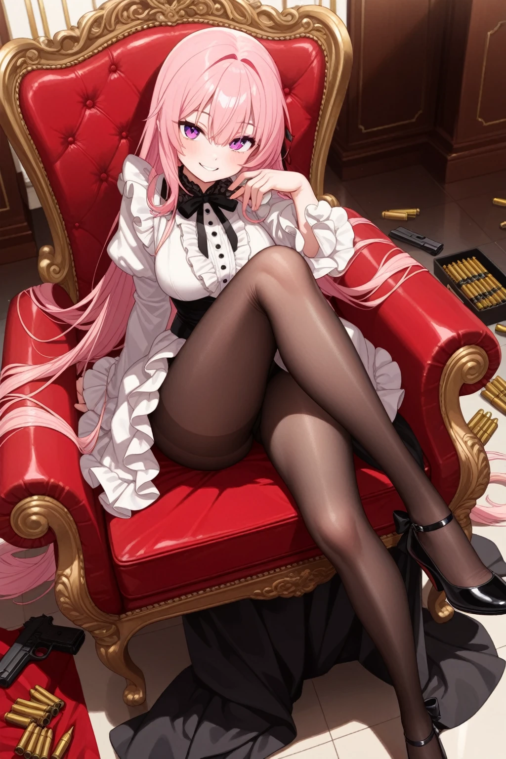 score_9, score_8_up, score_7_up, source_anime, enoshima junko, long hair, blue eyes, twintails, bangs, shirt, hair ornament, bear hair ornament, bow, red pleated skirt, choker, black shirt, white necktie, cleavage, bra, nail polish, red nails, cross-laced footwear, black knee high heeled boots, crossed_legs, sitting, chair, looking down, from bottom, looking at viewer femdom, sadism, penis, testicles, trampling, boots crushing penis, stepped_on, penis, sadism, cum on boots, footjob, nsfw, uncensored