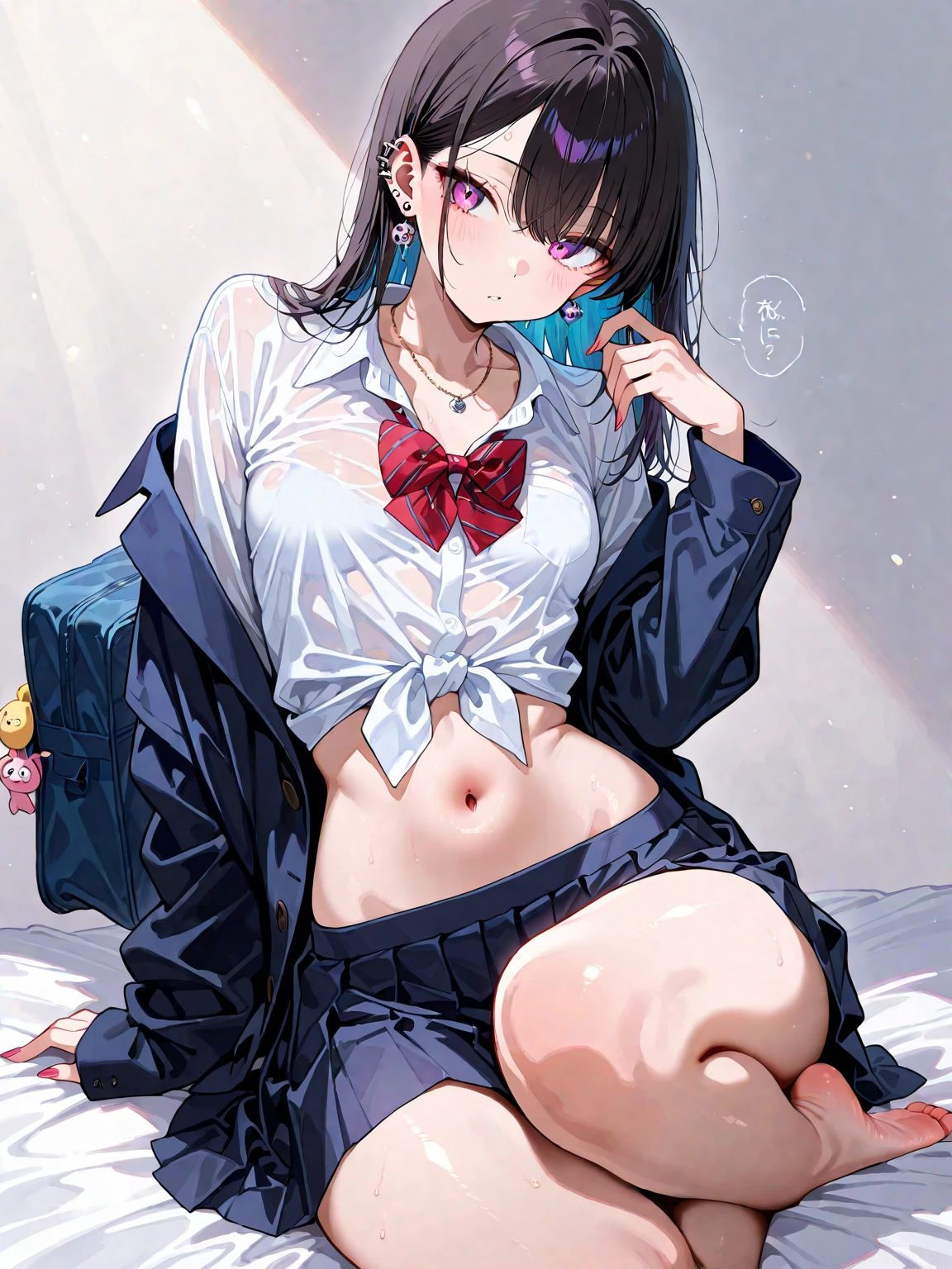 (masterpiece, best quality), beautiful girl, uniform skirt, bra, no shirt, lying down, (detailed beautiful eyes) underwear, full body shot, visible bellybutton, pink