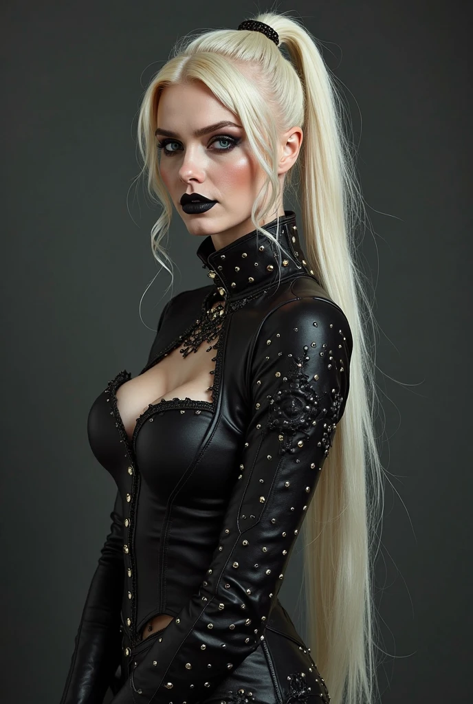 a woman with white hair and black and white wig, photo inspired by Edo Murtić, tumblr, pop surrealism, black hair and white bangs, black and white hair, cruella devil, cleavage, photorealistic, high quality, masterpiece, detailed, sharp focus, vibrant colors, dramatic lighting