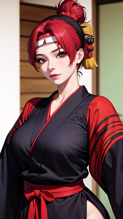Front portrait of a beautiful Japanese woman ((irezumi tattoo-1.2), her upper chest; Dressed in a hanging kimono, traditional braided hair; (Red head-1.3), white eyes with gray details; She was angry and bad-tempered; (Her body is covered with scars), firm and swollen breasts; dynamic light, photon mapping; foggy atmosphere A gloomy background, Mysterious, extraordinary close up, I looked at the steeple.