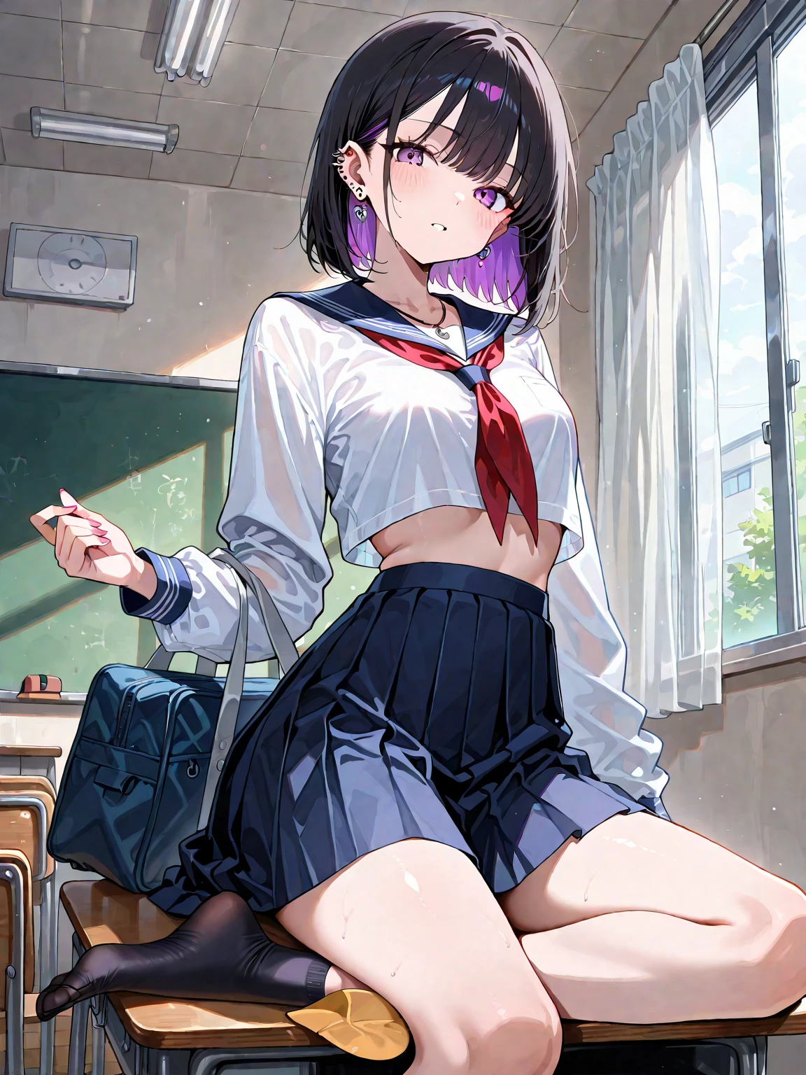 ((1 girl:1.5))、laughter、blush、shirt、のskirt、、((fun!))（small breasts）、chiralism、black hair、()、(黒いskirt:1.3)、bow, button, 襟の付いたshirt, long sleeve, マイクロskirt, プリーツskirt、(Jacket)、 skirt, socks, thighs, 白い shirt, ((classroom:1.5))，(skirtを掴む:1.5)、 (perfect hands, perfect anatomy),cowboy shot、(skirt lift:1.3),(highly detailed white panties:1.3)、(highly detailed panties:1.3)、、(skirt that rolls up:1.3)、(fully exposed panties:1.5)、