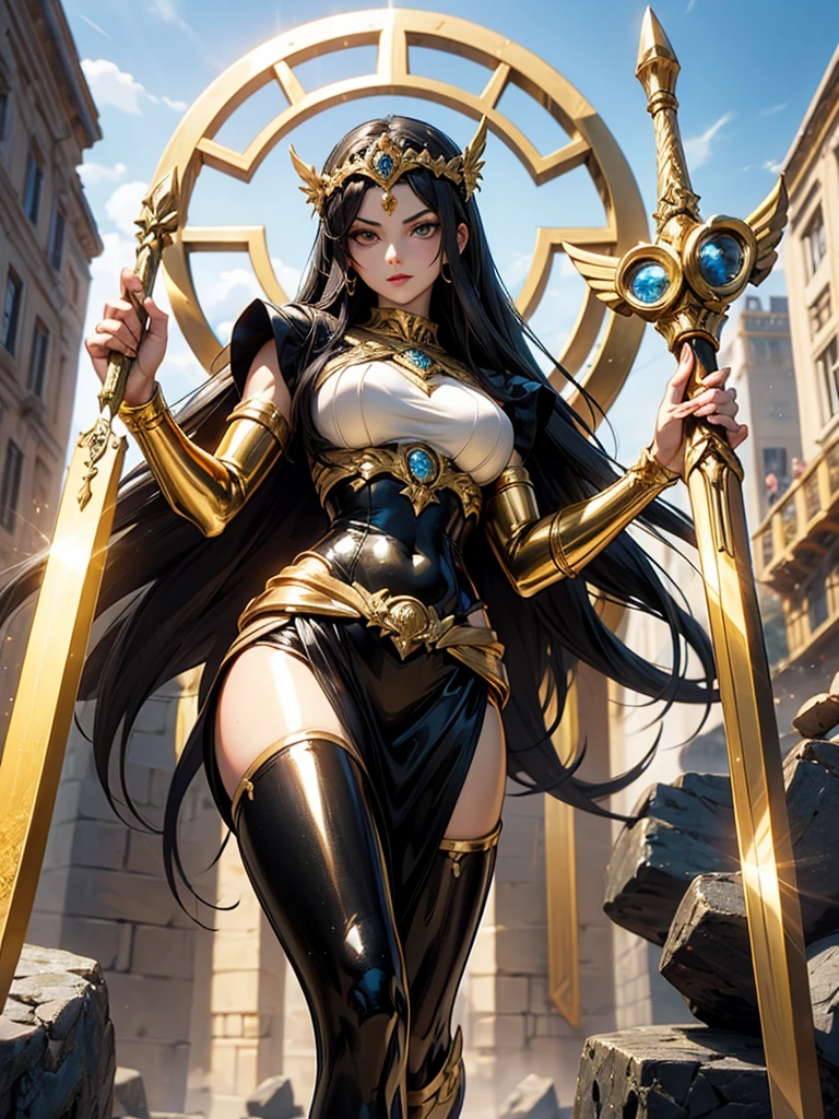 Ultra realistic, high resolution, ultra 8K, black woman, 30 years old, sweaty skin, athletic body with golden armor and red color, King's clothing, a cybernetic King knight, Ultra resolution, Desert castle throne, kneeling.