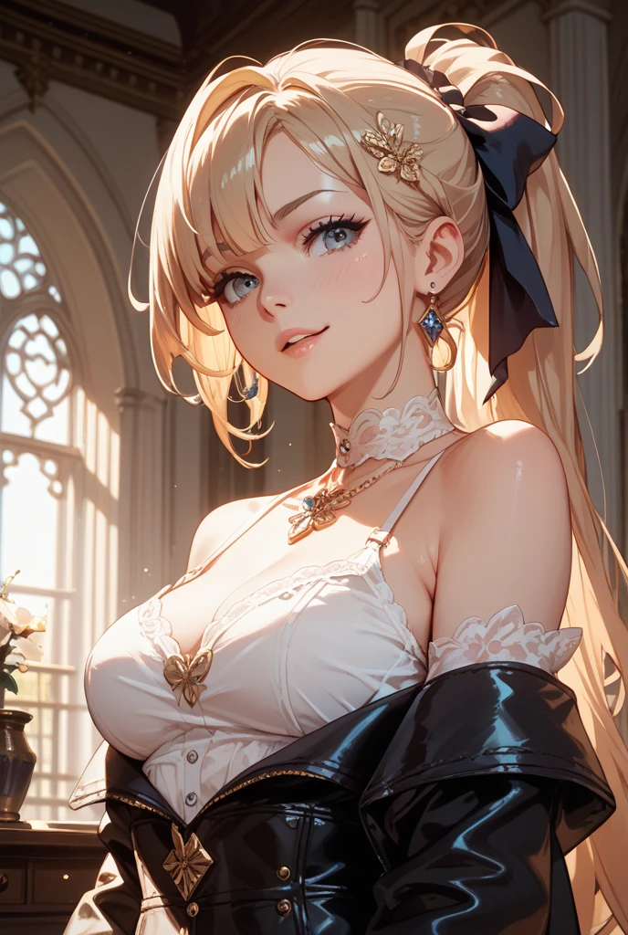 Master piece,best quality,ultra-detailed,high resolution,octane render,The overall image is of high quality, with a resolution of 8k.intricate details,absurdres,ultra hires,cute and beautiful girl,Female knigh,(1 girl),bishojyo,beautiful face,seductive young girl,female focus,full body,(perfect body),cool,kawaii,Her face is extremely detailed and expressive.the girl exudes confidence and elegance,Her pose and expression convey a sense of empowerment and strength.blonde hair,single braid,shining glossy hair;1.4,neat hairstyle,gold hair ornament,She has long eyelashes that add to her captivating appearance,(wide eyes,big bright green eyes,enchanting bright eyes studded with gold and silver dust,(finely detailed beautiful eyes),wet crystal eyes),symmetrical eyes,large highlighted eyes,pale eyes,forehead,light Red eyeshadow,highly detailed face and hair,a well-defined nose,pinky skin,glowing and smooth skin,faint lips,(plump lips,parted_lips),seductive and confident smile,standing with arms up,open mouth,pointy breasts,(very puffy soft breasts),{((perfect hand,hands with perfect five fingers,two beautiful perfectly shaped arms and legs,perfect anatomy:1.3))},(Brown corset,Silver Gauntlet,Blue Inner,Dark blue micro skirt),Tiara on the head,(white side-tie panties,garter belt,Stockings),silver thighlet,bare shoulders,expensive,allure pose,black Choker with chains,bracelet with chains,silver earrings,holding ornate longsword,Blushing face,emphasizing her facial expression and beautiful body lines,dynamic angle,from below,sweat,perspired,steam,wet,fantasy,creating a visually stunning effect,adding to the overall appeal,excited expression towards the camera,psychedelic,in Ancient Castle Garden