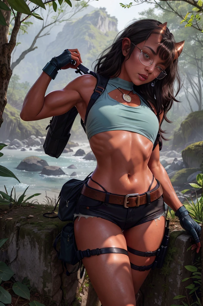 nsfw, (solo), cosplay of beautiful female, (adult women, 30 year old), (curvy women, seductive, sex-bomb), chicken, (Meru, Merunyaa:1.2), (devil-women),  (famous beautiful american supermodel:1.2 ),  ( fit, abs),  (busty,Large erect breasts,huge chests,erect nippleslips :1.2), thick thighs,   slim waist, cameltoe, (red hair,redhead), (1long braid), [freckles],   [ Meru | Lara Croft ], (female),(female body),  (muscle body), muscle tummy, seductive body, BREAK
red body, (red burned skin), shining oily skin, [1demon tail], (2short horns), Half-nude,  BREAK
( khaki army shorts:1.2 ),  BREAK 
(open breasts, bare chests :1.2),  [[ slim swimsuit ]],  openwork tattoo on the biceps,  BREAK
( 2pistolholsters on her both thighs ), (thigh knife strap), wide belt, leather straps on hips and biceps,    
( 1small backpack on her back:1.2), army boots,  black leather tactic fingerless gloves, BREAK
( (red) round glasses :1.2), (red glasses),  BREAK
ancient medallion around the neck (between her boobs),
    
(body portrait),  tomb raider,             
(detailed eyes, detailed cat-pupils, yellow eyes, glowing eyes), BREAK
outdoors,   
ocean tropical beach, shining waterdrops, waves,
Sunday, sunrays, soft shining,  sunburned,  reflections of lights,   
(particles ,firefly,soft blue glowing, bioluminescence ),romantic mood, BREAK
seeker of adventures, tomb raider,

 seduct, serious look, (languid look),  BREAK
beautiful face, face makeup, detailed plump lips, long eyelashes,
masterpiece, best quality, sharp focused shoot, blur background, photorealistic, realism, sharp focused pupils, realistic hands, 8k HD, high res, hi-res, 
(dark shadows, wide dynamic range, hdr, low light:1.2),
by Pino Daeni, by ruaidri, by virtyalfobo, by Kenket, (by iskra, by darkgem, by merunyaa),