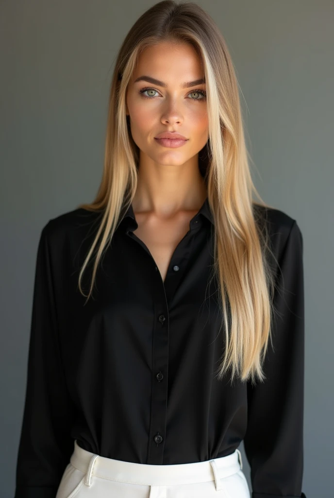 ((Long shot)) Blonde influencer with long, naturally wavy hair, Average height, she has big breasts, corpo fitness, she wears a sexy black blouse, Combines classic streetwear pieces, Like sneakers, moletons ou jeans, with high quality accessories , like designer bags or luxury watches, to create a modern and elegant look, comely, 8k, super verbose, realisitic, details Intricate, realisitic skin texture, realisitic hair, texture, fun, 8k uh, best qualityer, high resolution , attention to the details, very big tits, Long Range, wide angle