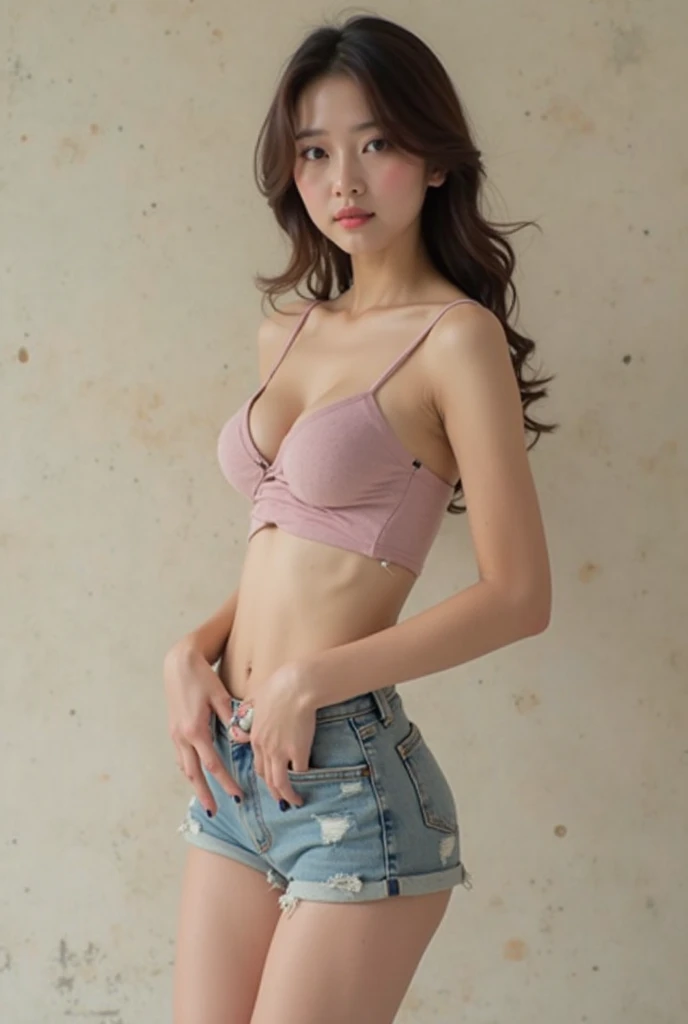 masutepiece, Best Quality, 8K, 18 yo, very beautiful Korean young girl, very beautiful face, sweet and cute face, skinny body, slender girl, slim waist, flat belly, beautiful tight round perfect breasts, beautiful tight perfect butt, slim small arms, slim small legs, slim small thighs, white skin, perfect skin,pale and soft skin,Raw photo, Soft light, Professional Lighting, Solo, Smile, close up, Face, close up, Cute, Girly, Goddess, Delicate girl, Neat and clean beauty, Full body, Digital SLR, Candid, Sophisticated, (Eyes and faces with detailed:1.0), Medium short hair swaying in the wind, Bangs, very tight Tank top, short Pants,Pink sneakers, in bedroom, standing,lift her hands up the wall, beautiful big breasts , without bra