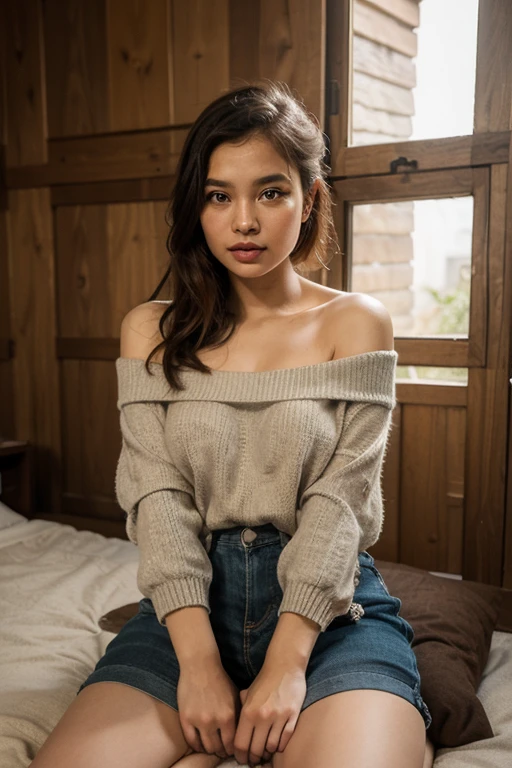 (masterpiece, best quality:1.2), 1girl, solo, asian, brown eyes, brown hair, bare shoulders, clothes lift, couch, cushion, colored pencil (medium), graphite (medium), photorealistic, cinematic lighting, dramatic shadow, warm color palette, intricate details, award winning digital art