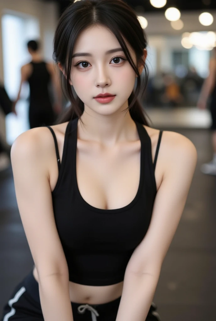 (masutepiece), (pov close up), Best Quality, masutepiece, (Photorealistic:1.2), 1womanl, selphie, Front view, Realistic skin, (Round face), hair messy, Brown hair, human skin imperfection, Blackout lighting, Full body,Being in the gym、Power Rack、High Neck Long Sleeve Yoga Wear、Long pants leggings、You can see the bulge of the large chest under the shirt、桃の尻