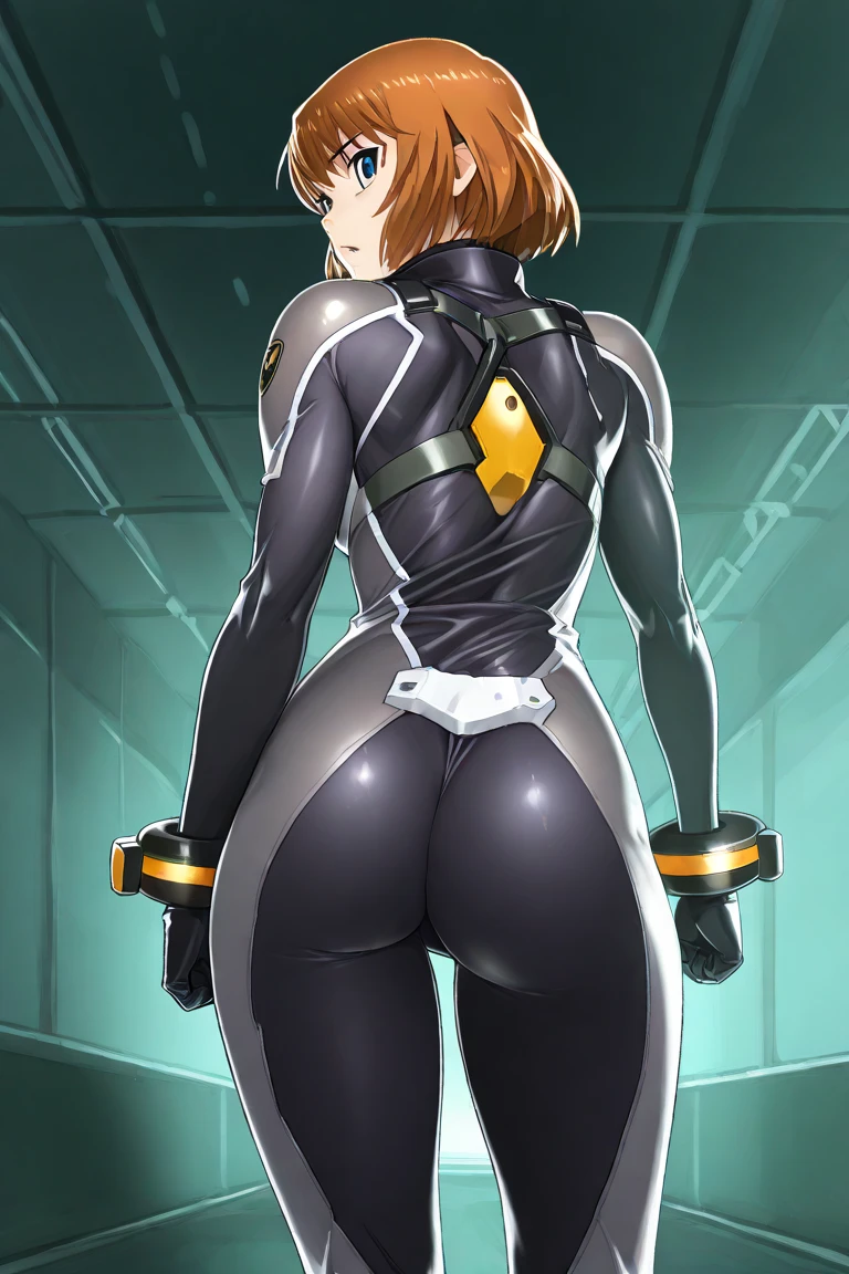 Milf, woman in a futuristic suit, highly detailed face, cool, mom, tomboy, very large breast, (Milf), mature face, (mature female), cybersuit, anime girl wearing tight suit, milfication, Elegant body, navel focus, naked body, gloves, earrings, science fiction, female protagonist, standing, volumetric light, detailed lighting, detailed textures, oppai cyberpunk, biomechanical oppai, masterpiece, best quality eyes, sci-fi background, futuristic landscape, low angle, (look at the camera), long hair、smooth surface, gold hair, (((back))), (((ass)))