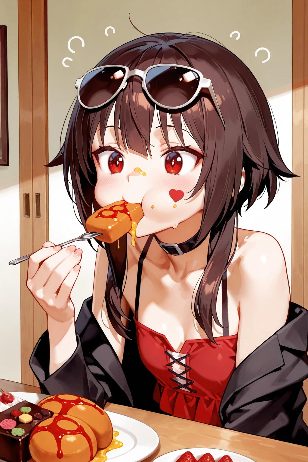 Brown-haired girl wearing a cape eating pizza at a pizza parlor Wearing sneakers High leg shorts with suspenders Large Breasts Showing her belly button Ultra low rise Knee-high socks The cola is on the table I can see your pants Tube top