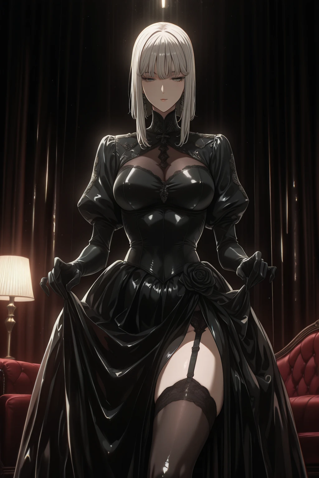 2b , 1 girl, In stockings, naked, with a beautiful waist and breasts, looks at the author, perfect hips