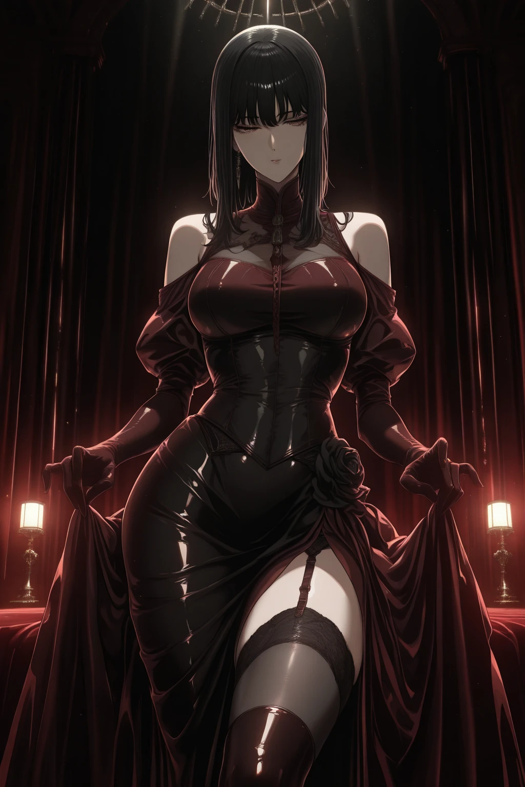 a close up of a woman in a black and red outfit, cushart kenz, succubus in tight short dress, holy necromancer girl, cushart krenz, cushart krenz key art feminine, evil fall zelda from tear of the kingdom, knights of zodiac girl, full body portrait of a short!, badass pose