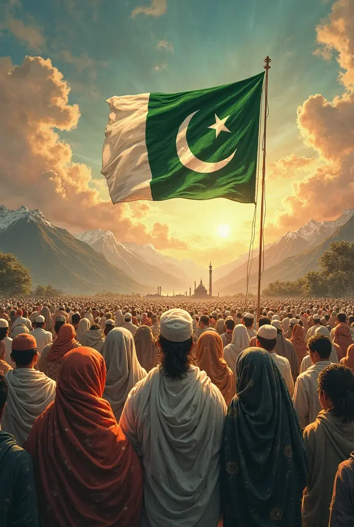 Pakistan flag being hoisted by women from different pakistani cultures