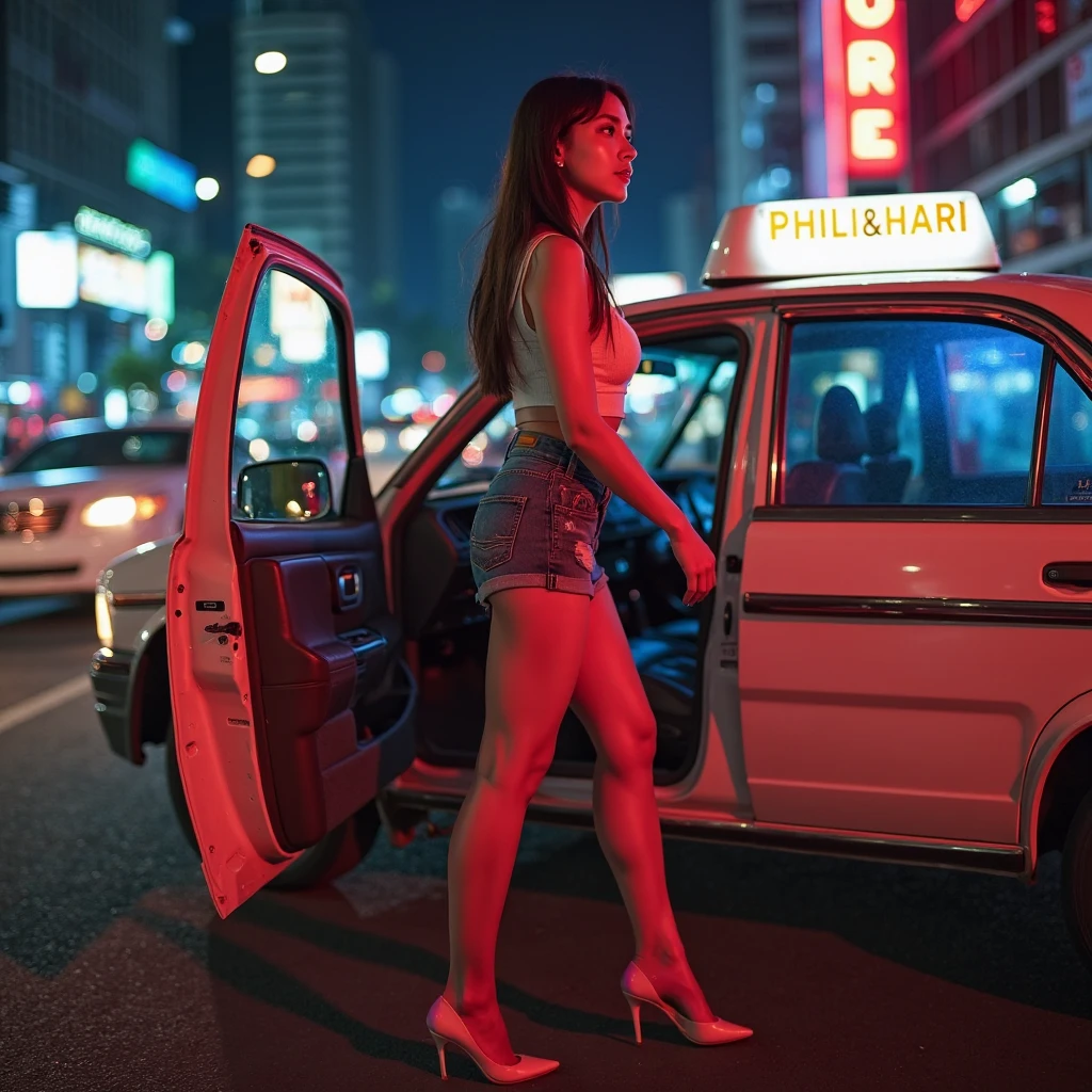 Ulzzang-6500-v1.1, (RAW Photos:1.2), (Photorealistic), (Genuine:1.4), American Woman, Warframe, Complex patterns, , Energy Line, Faceless, Shining Eyes, elegant, intense, 1980s attire。 Ultra-realistic body, alone, Modern, city, street, Dark Clouds, thunderstorm, heavy rain,, Dramatic lighting,, (masterpiece:1.2), Highest quality, High resolution,   beautiful, Very detailed, Perfect lighting, Full Body Shot、Low Angle、Shooting from below、Dynamic pose,A cool woman poses leaning against a car from the 1980s in a realistic photo。