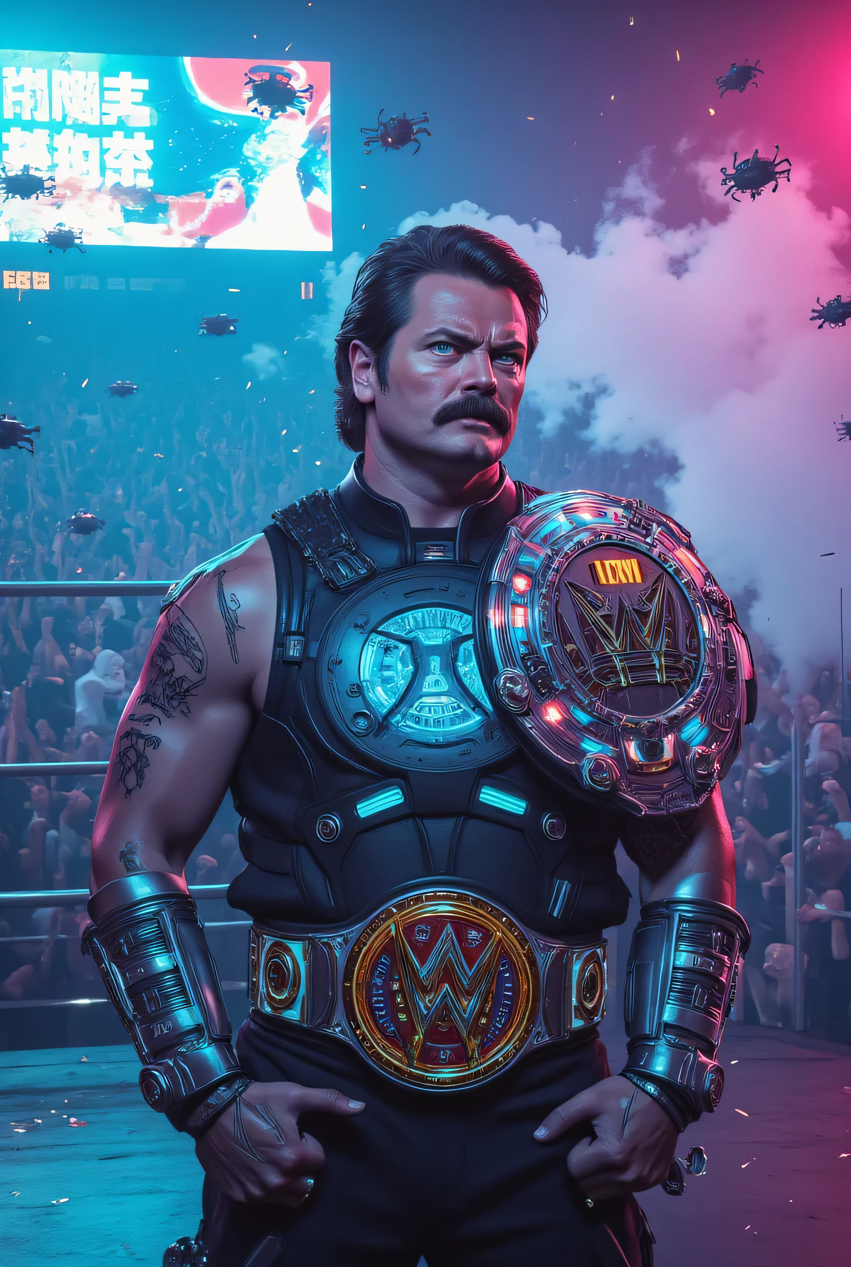 Nick Offerman as a futuristic wrestling fighter, stands, neon-lit arena, surrounded by holographic billboards, electric smoke, buzzing drones, wrestling outfit, armored exosuit, retro leather glowing with LED circuitry, chrome-plated shoulder pads, massive high-tech championship belt with animated glyphs, iconic mustache, rugged beard, cybernetic implants, glowing eye, rich color palette, electric blues, magentas, deep shadows, heroic pose, inside a neon wrestling ring, fists clenched, sparks flying around, cinematic cyberpunk style, gritty textures, futuristic elegance, 4K detail, dramatic lighting, dystopian city backdrop, hyper-detailed, cyberpunk