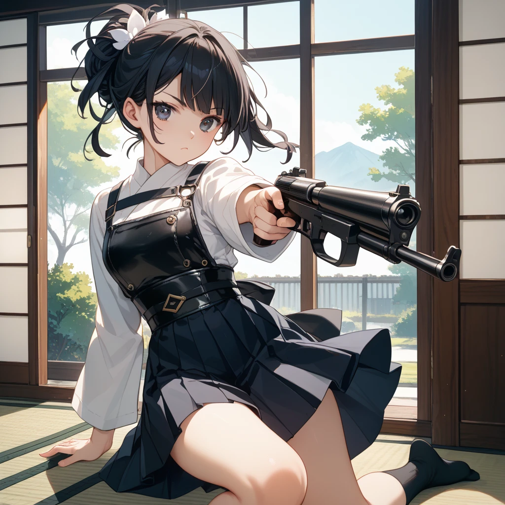 best quality, masterpiece, 1girl, solo, cowboy shot, black hair, medium hair, bangs, yellow eyes, breasts, medium breasts, windbreaker, (black windbreaker:1.45), shirt, ((white shirt)), collared shirt, skirt, black skirt, pleated skirt, miniskirt, thighhighs, ((black thighhighs)), open_windbreaker, black_necktie, ((blurry_background)), extremely detailed CG unity 8k wallpaper, ((ultra-detailed)), (best illustration), (best shadow), ((an extremely delicate and beautiful)), ((cinematic light)), indoors, smile, <lora:Yuzusoft:0.8>