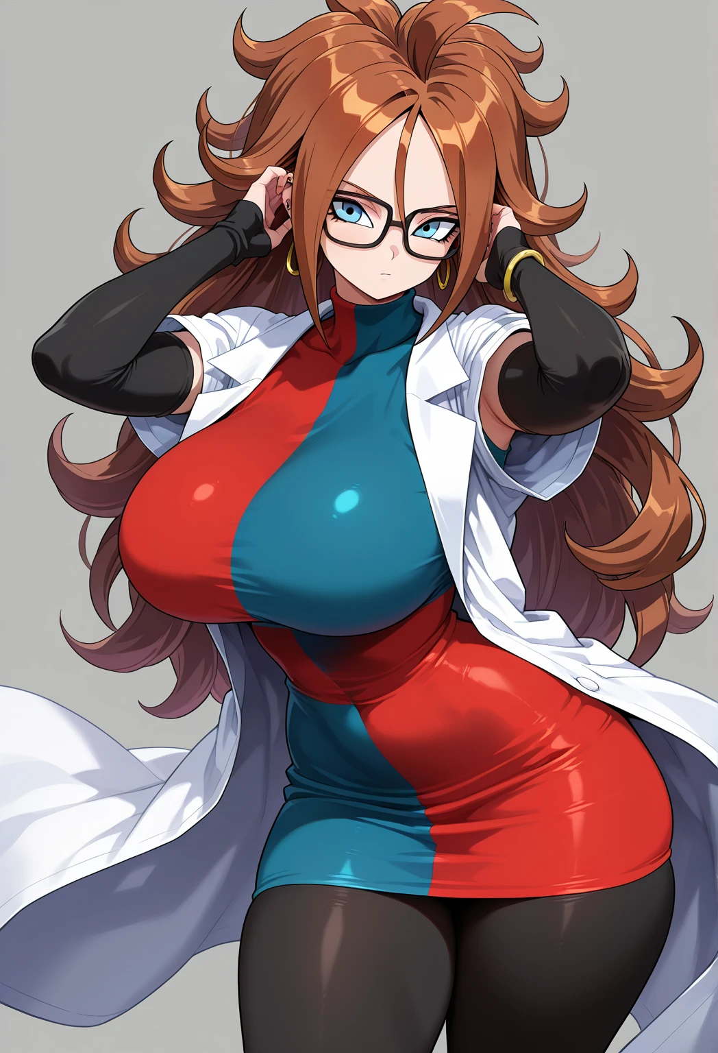 Masterpiece, Best quality, defa21, Lunettes, checkered dress, Labcoat, collants noirs, Haut du corps, gros seins, smirk, furrowed brow, Regarder le spectateur, mouth closed, comptoir, science, Béchers, microscope, arms crossed, big breast