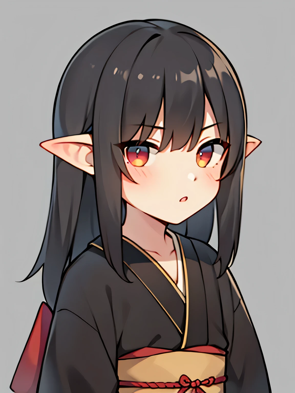 (high-quality, breathtaking),(expressive eyes, perfect face) 1boy, male, solo, adult, masculine face, dark black color hair, red eye color, green skin, colored skin, goblin, medium hair length, tied back hairstyle, Symmetrical Eyes, portrait, wide shot ,calm serious expression, grey background, samurai kimono, samurai, muscular build, pointy ears, black kimono, wandering ronin, dark green colored skin
