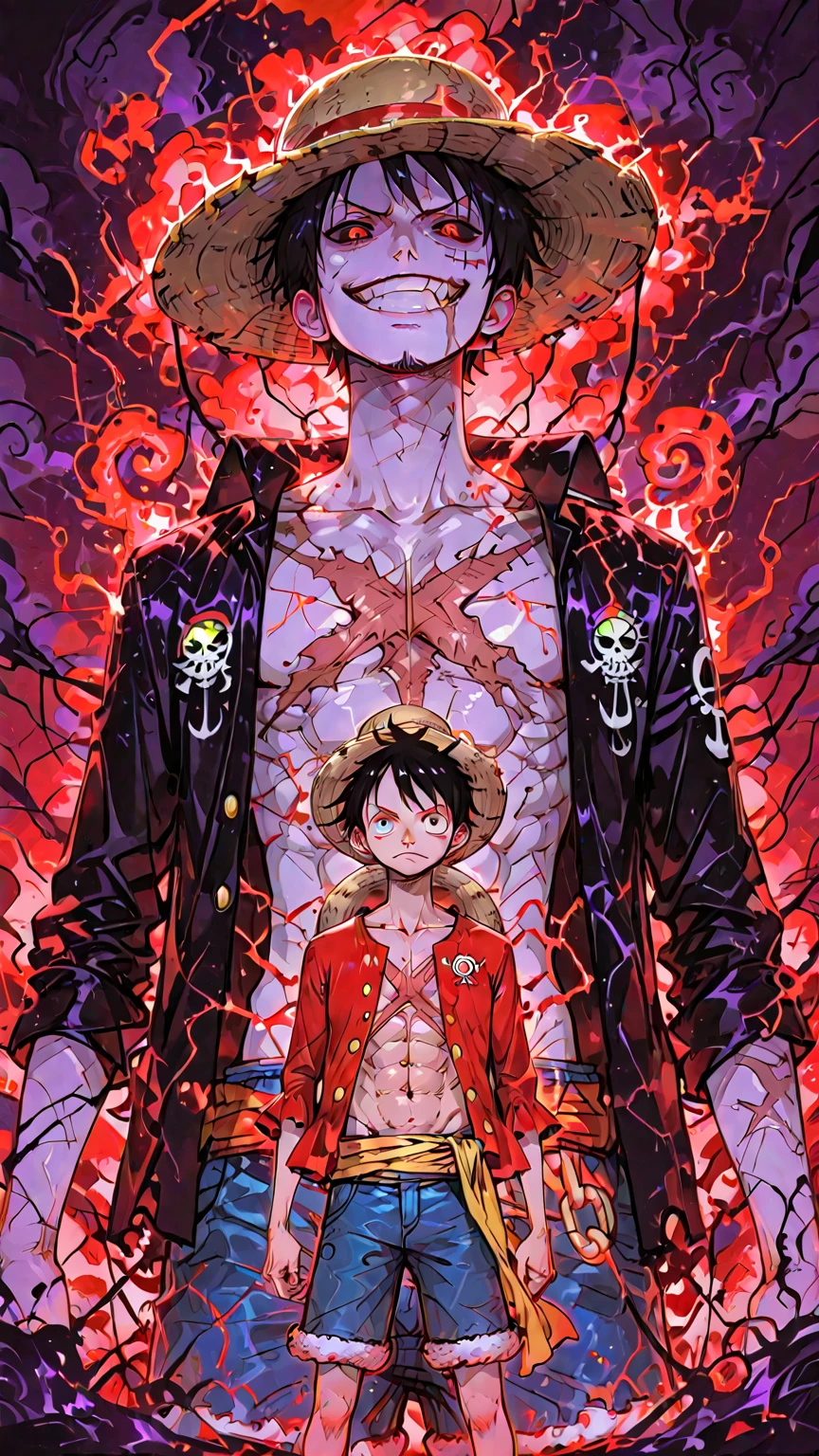 (masterpiece:1.3),(best quality:1.2),8k,absurdres,unity 8k wallpapper,(extremely detailed:1.3),highestres,solo,
chained_up, (solo:1.2), 1boy, male focus, kneeling, chain,dark,law,earrings,hat,blood from mouth,smirk,arms up,bdsm,open coat,abs,pectorales,torn clothes,black background,simple background, upper body, (topless:1.3), tank top, see-through, outstretched arms, solo,
<lora:lowRA:0.4> ,<lora:chained_up-10:1> , <lora:trafalgar_lawV55-10:0.8>