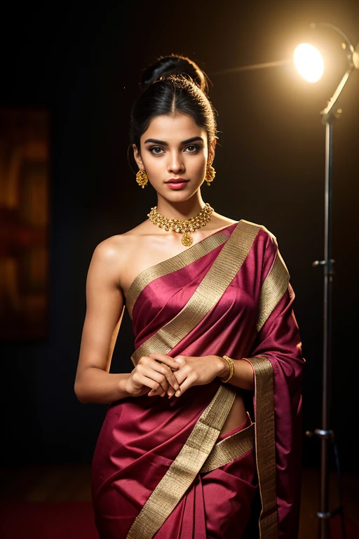 In this photograph, an Indian Instagram female model in her mid-20s takes hugging her self. (highly detailed face:1.4) (smile:0.7) (background 5-star hotel, moody, private study:1.0V, by Lee Jeffries, Nikon D850, film stock photograph, 4 Kodak Portra 400, camera f1.6 lens, rich colors, hyper-realistic, lifelike texture, dramatic lighting, Cinestill 800, realistic). She is wearing a traditional purple saree that exudes elegance and sophistication. The saree features a vibrant and intricate design with rich colors and detailed patterns, draped gracefully around her. The blouse is sleeveless but with intricate embroidery and beadwork, complementing the saree’s luxurious fabric. She is tying her hair with raised hands, Completing her look, she adorns herself with traditional jewelry, including bangles, earrings, and a necklace. The model's hair is styled in a classic bun with jasmine flowers, adding a modern twist to her traditional attire.
The photograph is meticulously captured in 8K resolution using cutting-edge techniques such as Cinema 4D and Octane Render, resulting in a highly detailed and photorealistic image. Studio lighting, HDR, and a smoky mist create a captivating ambiance, while the bokeh effect adds an artistic touch.
