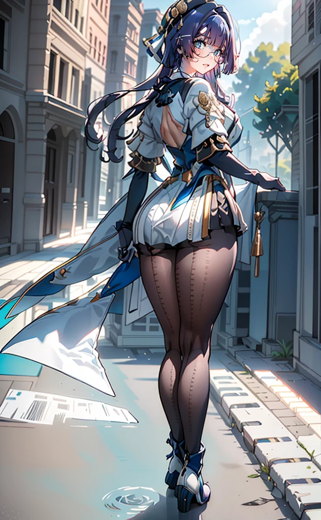 a girl standing next to a mountain,giga-size(jk huge ass), ass focus, (big ass), lisa genshin impact, black thong, wide hips, good quality, masterpiece, gauntlets, hair flower pin,4k,8k,16k,good anatomy,cityscape,destroyed cities,skyscraper,buildings,full body