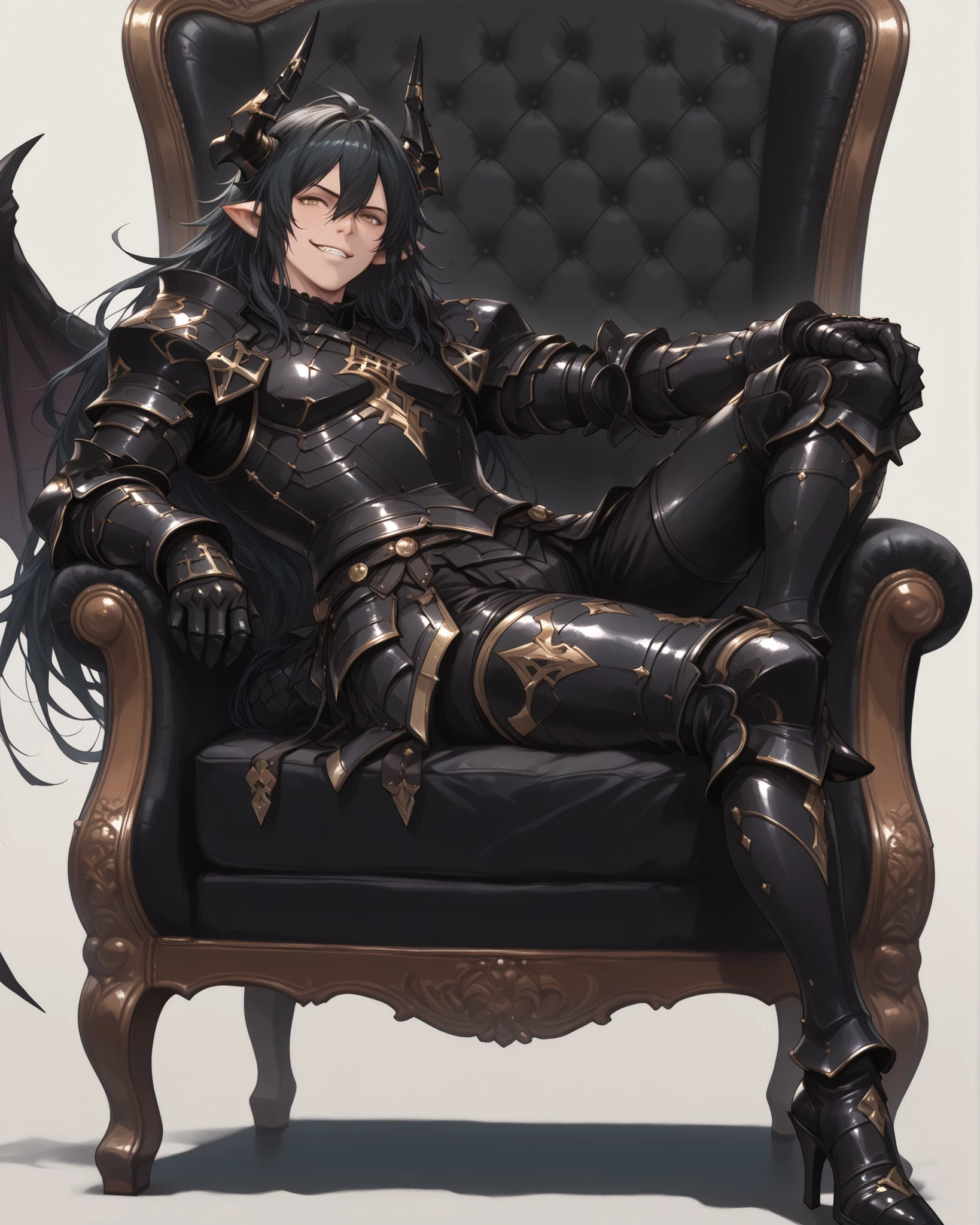 score_9, score_8_up, score_7_up, absurdres, 128K Ultra High Resolution, (masterpiece, best quality: 1. 5), ((high definition)), highres, 8K wallpaper, (excellent graphics: 1. 5), CG, (((Japanese Anime style))), (Granblue Fantasy), (1 male), solo, lean body, (masculine), floating in the air, weredragon, glossy black, shiny black leather, ((beautiful golden eyes, finely detailed eyes, bright eyes, slit pupils)), hair between eyes, black hair, long hair, sideburns, wild hair, (sly grin, sinister grin, smirk), teeth, confident, (((ultra detailed face))), shiny skin, long pointy ears, twisted torso, long-legged, sculpted face, wasp waist, dragon horn, dragon tail, dragon wings, dragon sharp claws, (black armor with a lot of grandiose decorations: 1. 5), half dragon half human, (sit cross-legged, closed legs, luxury chair: 1. 5), (dramatic angle, dynamic pose: 1. 5), (ultra detailed black armor, well-polished black armor: 1. 5), (gold-adorned armor: 1. 5), all black outfit, full body, emphasize face, sharp focus, good-looking man, (best illustration, highly detailed artwork: 1. 5), cinematic, dramatic lighting, (intricate detail, extreme detailed, super detailed: 1. 5), tenebrism, wonderful pose, (stark contrast, heavy shadows: 1. 3), detailed black decorations, beautiful and aesthetic, photoreal, from side, (mysteriously crafted black metal armor: 1. 5), thick and luxuriant hair, (ultra detailed fantasy black armor, wonderful black armor: 1. 5), (realistic metal texture), broad shoulder, true-to-life visuals, artistically refined, (extremely delicate & beautiful armor, elaborate armor details: 1. 5), (giant black armor, dark armor, stylized armor: 1, 5), (((armor-type high heels))), (extremely detailed armor with intricate engravings, intricate armor with gold ornaments: 1. 5), very gorgeous and dazzling, (dark fantasy black knight: 1. 5), slim waistlines, wide chested, sinewy body, (Hyper Detailed & Perfectly Designed Black Armor: 1. 5), (simple white background), windy