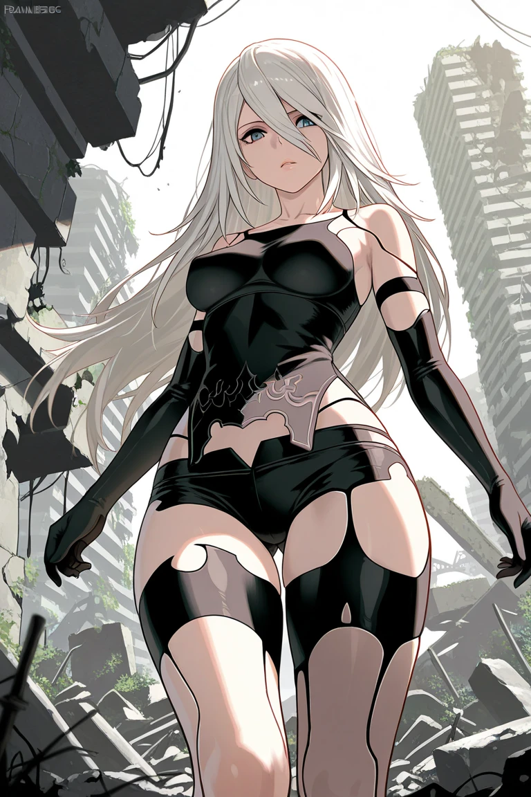 anime waifu bodybuilder, beautiful face, smiling face, perfect body, fit body, abdomen, large breasts, muscular, ((hair) long and blonde), ((clothing) white colored tight swimsuit, torn), (torn cape at the tip covering the body of black color, and hood covering the head of black color), character A2
