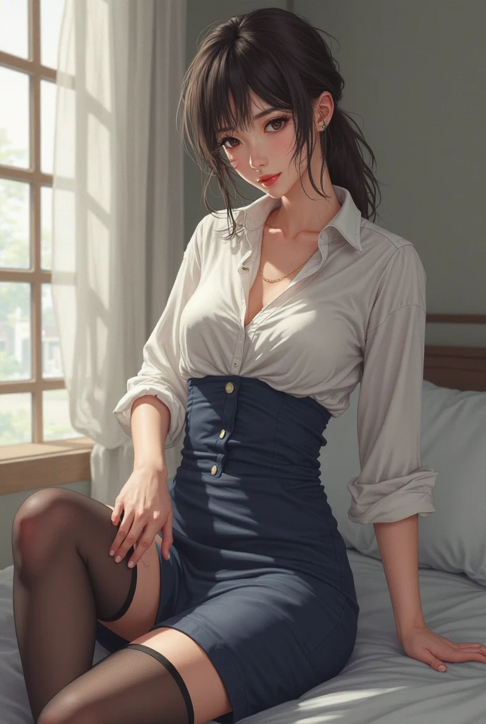 masterpiece, best quality, finely detailed, 1 girl, full body photos,facial expression of patience,(Hair tied up at the back of the head), (bishoujo),(furrowed brow),(disapproving expression),(I want you to show me your pants ), (fair skin),(brown eyes), (eyelashes), (huge breasts), (cleavage), (blue ladies' shirt:1.2), (mini office skirt:1.2),(white skirt), (pure white panties:1.2) ,can see panties, delicate interior design,legs open emphasis,erection,white walls, in library,tall,Clean forehead,The posture remains the same