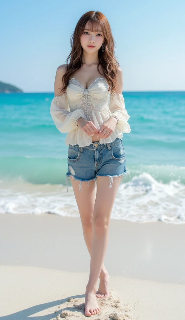 (Masterpiece:1.3), High resolution, Super detailed, Highly detailed CG Unity 8K wallpaper, Real, フォトReal, RAW Photos, Beautiful detailed face, Fair skin, Realな輝く肌, Detailed cloth texture, Detailed hair texture, Perfect Style, Beautiful Face, correct, Anatomically correct, Highly detailed face and skin texture, Natural neck length, (Wet body、Wet Hair:1. 1)、BREAK 細かい目、Symmetrical eyes、Brown eyes、double eyelid、Thin eyebrows、(Sexy lips:1.3)、(A happy smile:1.2)、(blush:1.2)BREAK、(Innocent and cute girl:1.3)、(Wearing an off-the-shoulder white blouse:1. 4))、(Gold buckle belt)、(Skinny jeans:1.2)、(Cross strap high heels:1.2)、(necklace、bracelet)、(Thin hoop earrings)、(Pinky ring)、(Beautiful blue nails:1.2)、Layered Hairstyles、(Brown Hair:1.2)、(Wavy Hair:1.2)、Medium Long Hair、(Large Breasts、Firm breasts、Beautifully shaped breasts:1. 1), (whole body:1.3), BREAK, ((Stand close by:1.4)), ((look up:1.2)), ((up:1.2)), (Focus on the face:1.2), (From above:1.2), (Outside on a stylish beachside terrace), ((A night sky full of stars and a big, shining full moon:1.3))、