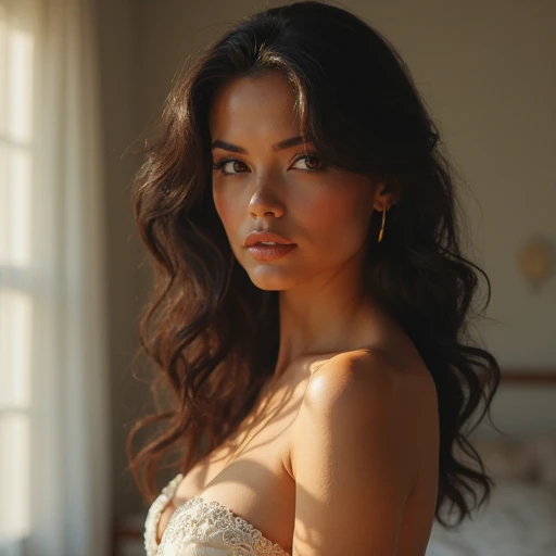 (One lady)、araffed woman in a white dress laying on a bed, demi rose, gorgeous latina face, cindy avelino, portrait demi rose, Isabella Moner, Violet Myers, clear portrait of demi rose, Portrait of Demi Rose, leaked image, leaked photo, alanis guillen, Portrait Sophie Mudd, sexy girl with dark complexion, beautiful mexican woman, actress、