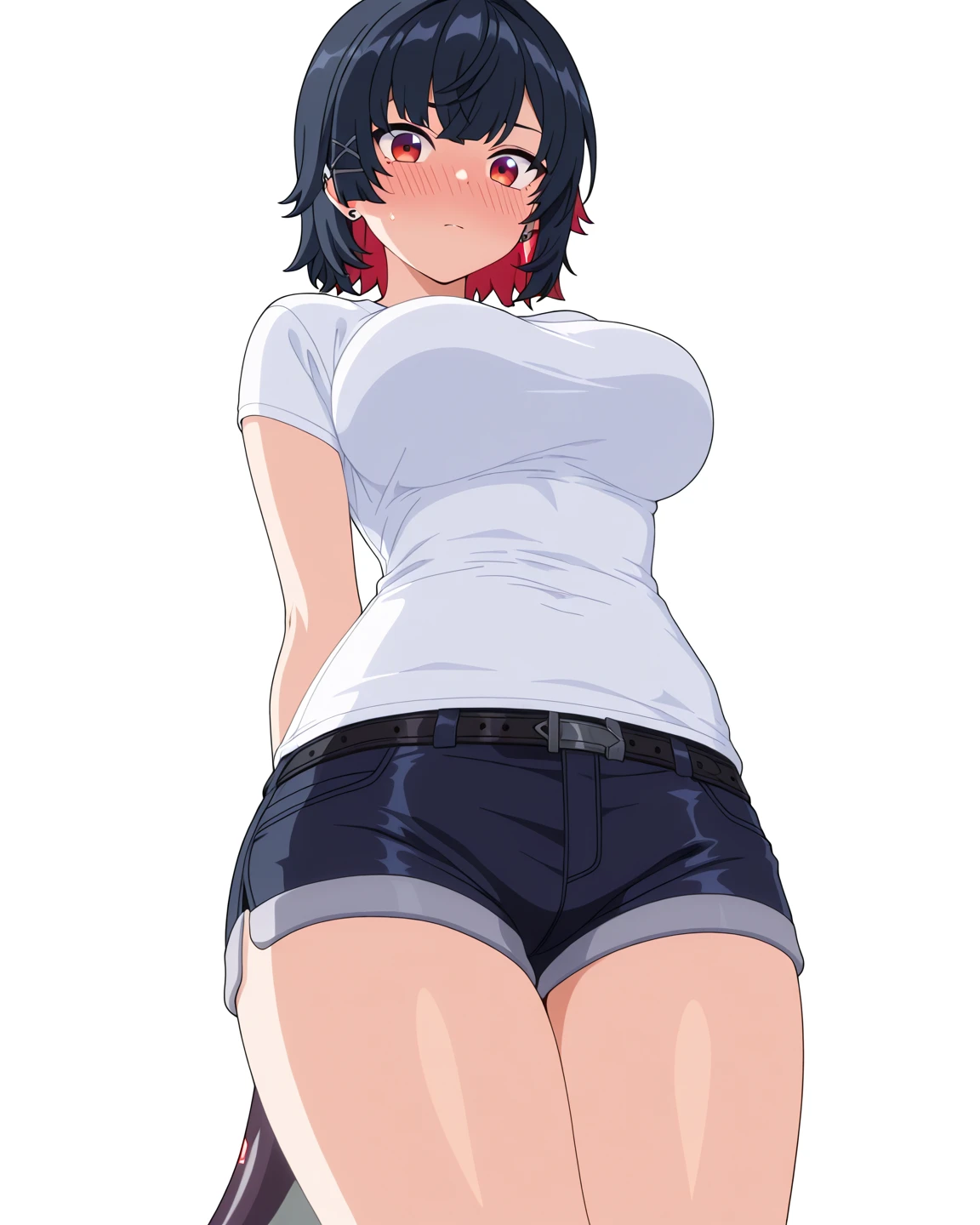 masterpiece, highest quality, best quality, 1girl, solo, looking at viewer, blush, angry face, uchiha sarada, bare shoulders, black eyes, black hair, blush, red framed glasses, short hair, forehead protector, big tits, big ass, thick thighs, bare tummy, cum on chest, cum: 1.5
