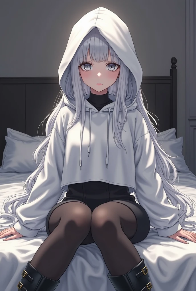 ,Highest quality,Silver Hair,Brown skin,Dark Skin,Sunburn,Purple Eyes,Very long hair,Straight Hair,Street fashion,Flat breasts,T-Shirts,hoodie,Bedroom,On the bed,Toned body,slender,