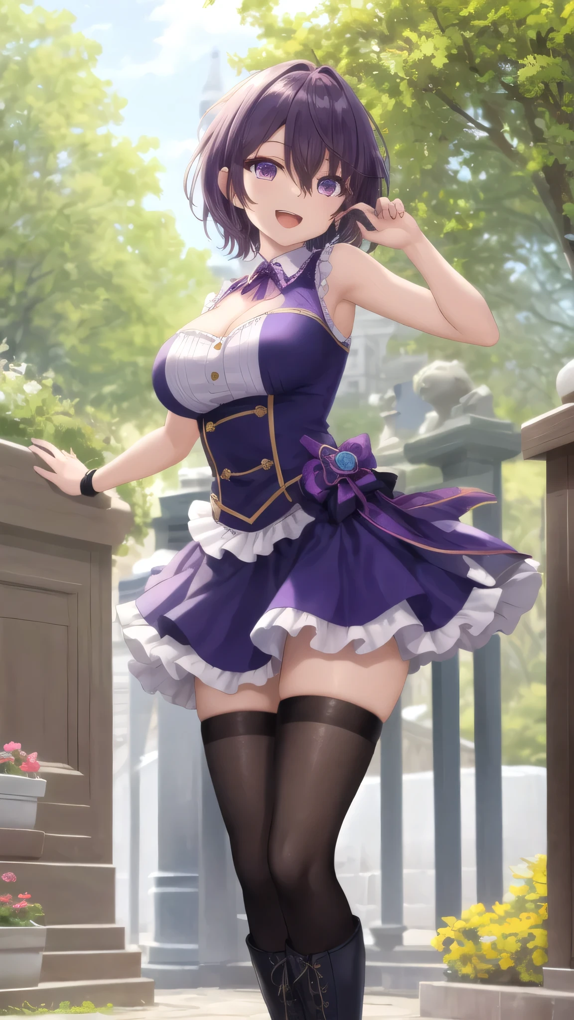 ((ultra detailed, exquisite quality, absolutely resolution)), (in love live! style:1.5), ((love live!, Nozomi Tojo, hair deep purple hair, low twintails hair, large breasts, eyes green eyes)), ((rococo victorian gown with voluminous huge hoopskirt and long hems, princess style long skirt, fluffy multiple frills and full of pleats skirt))), ((huge breasts, breasts cleavage)), (((breast focus))), ((looking viewer, happy smile)), skin dentation, super detailed skin, cowboy shot, (soft focus:1.2), (cinematic shadows:1.2), (((biologically correct hand))),