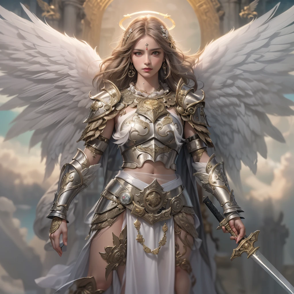 realistic, photo shoot ,(valkyrie,paladin:0.6)beautiful design, shiny,((masterpiece, best quality)),big breast,, slim body,angel wings,complex,,korean<lora:Taiwan01:0.6> ,(high quality background is inside night empty ruin church) ,(high details) ,cinematic lighting <lora:angelicWairrors_v1:0.9>