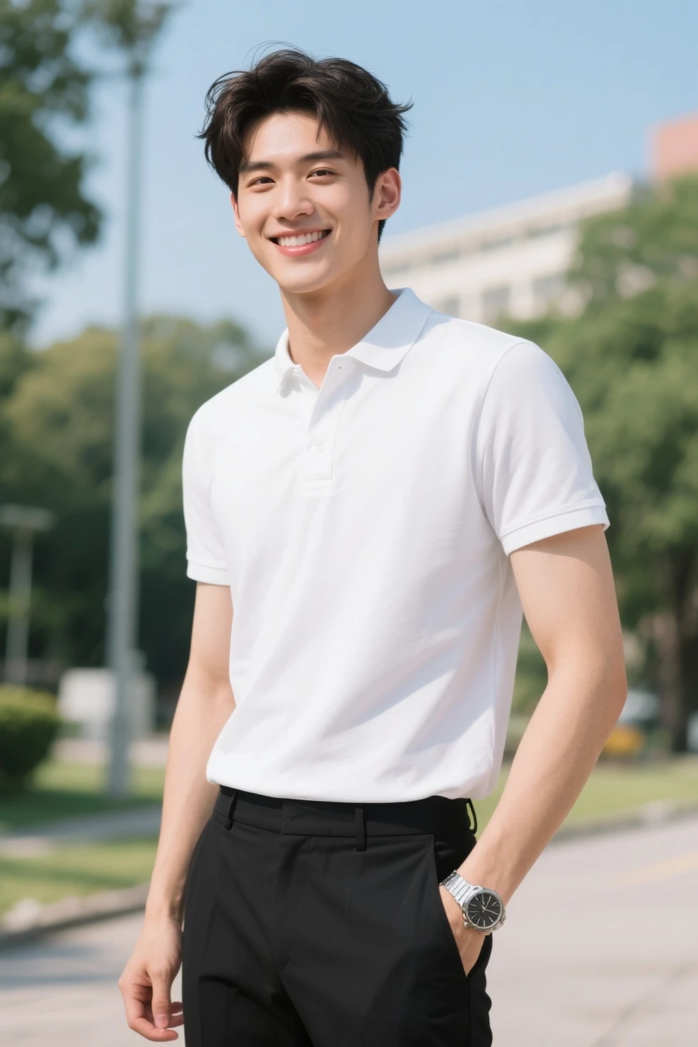 A boy in a white shirt, short- sleeved, Star face，ssmile, Handsome face，with long bangs，Nicholas