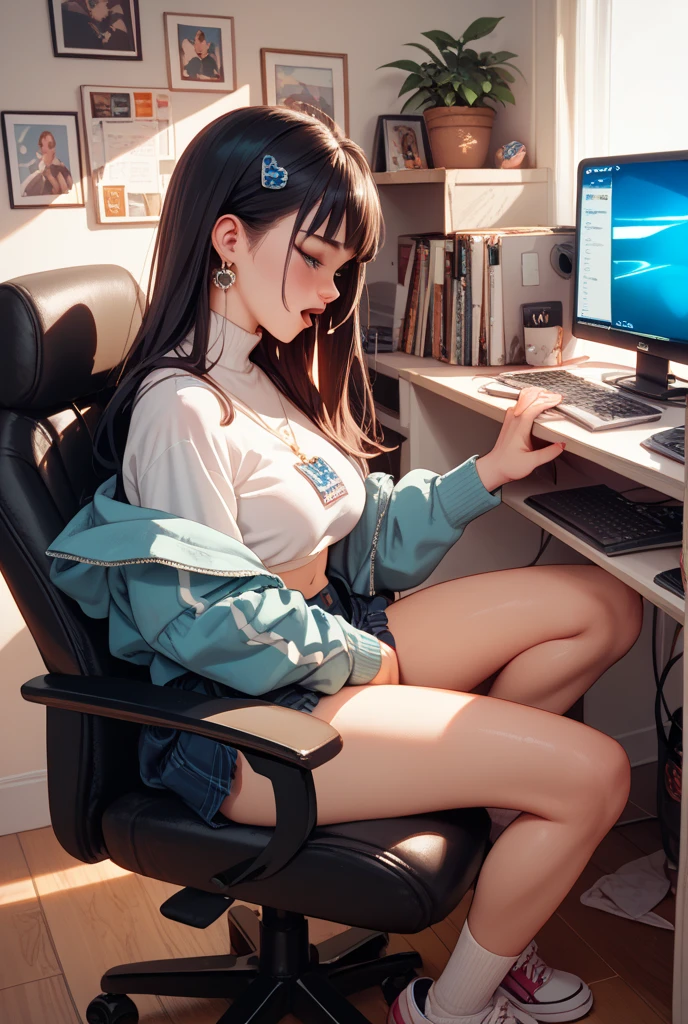 Woman, gamer, in gamer chair, legs spread naked