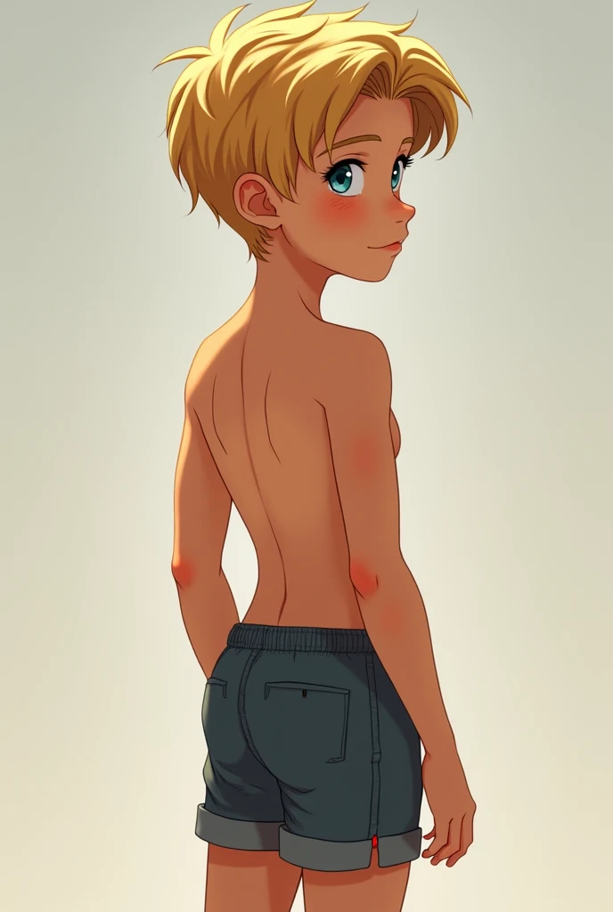 Draw a blonde teenage boy with big breasts but make him a real person. Let the cheeks be pink. no clothes on. Let it be very sexy 