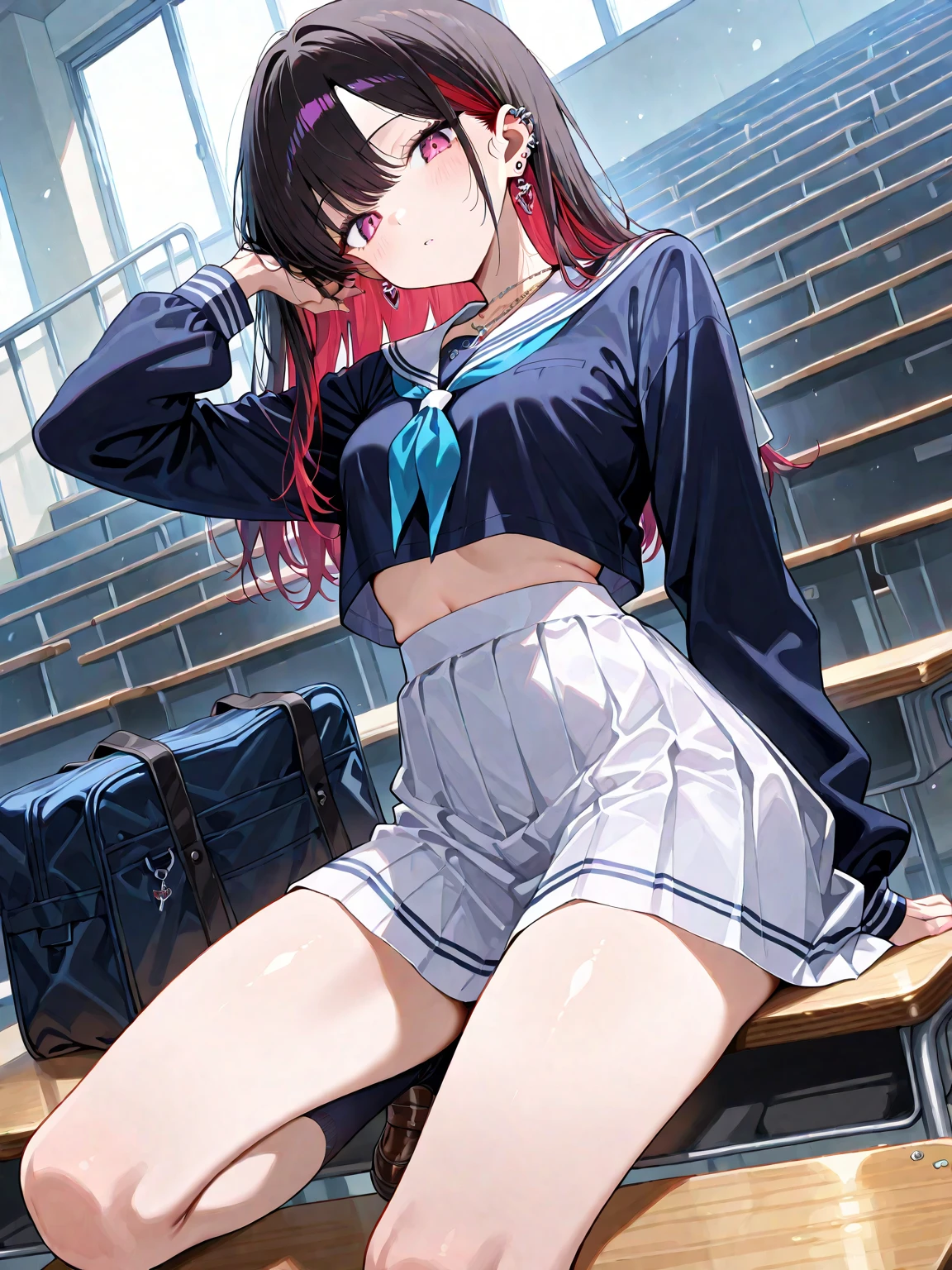 (Nino Nakano), blue eyes, Say goodbye to hair accessories,  (chest comes out),BREAK looking at viewer,indoors, classroom,break (table top:1.2), highest quality, High resolution, unity 8k wallpaper, (figure:0.8), (beautiful and fine eyes:1.6), detailed face, perfect lighting, Highly detailed CG, (perfect hands, perfect anatomy),big breasts,woman ,irritated expression,((white panties)),Lift the shirt,(show your chest),(nsfw),(Kneeling),open your legs