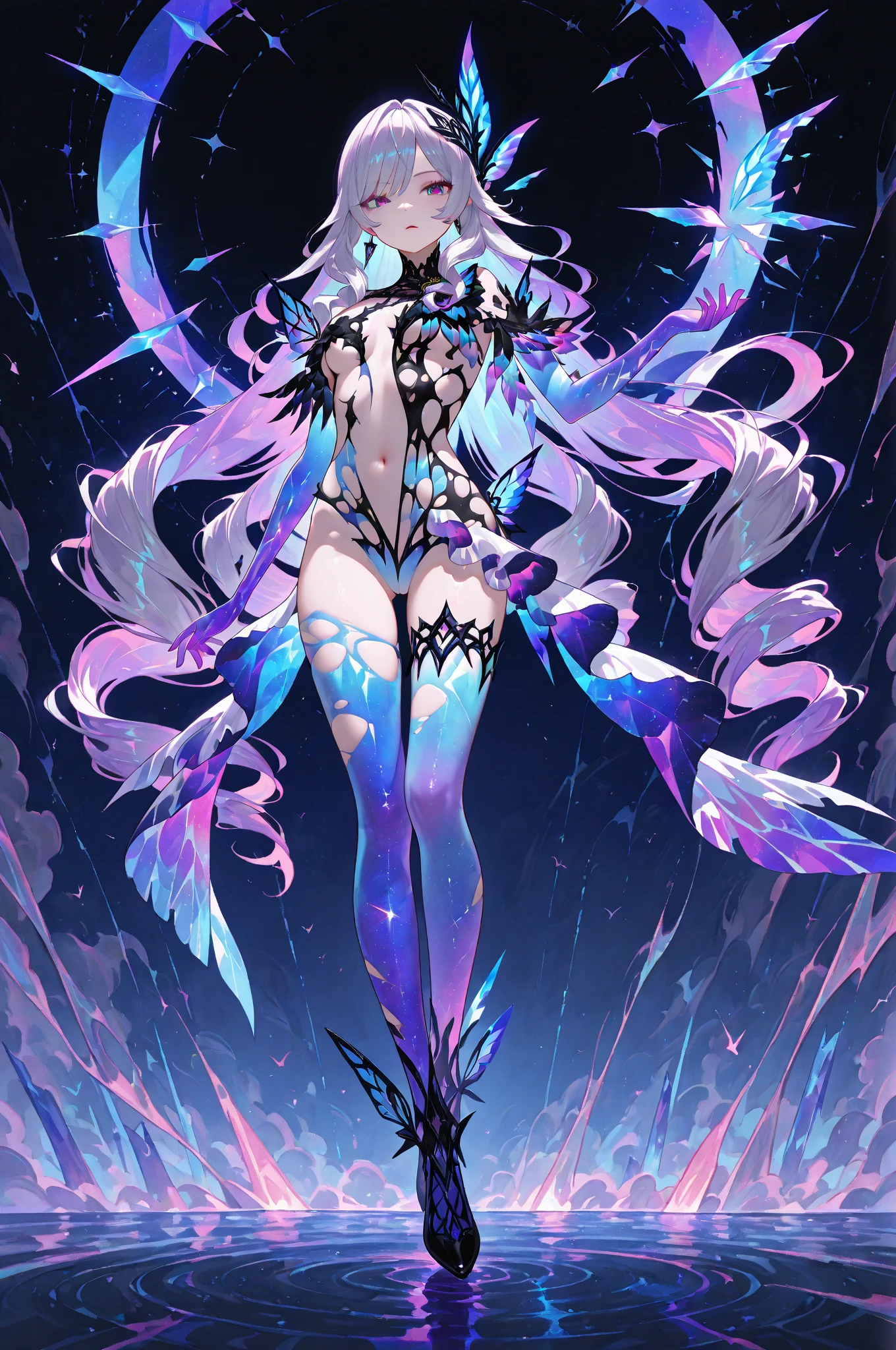 8K，high qulity，Ultra high quality，Absurd resolution, high resolution, (masterpiece: 1.4), super detailed, 18-year-old girl, long-flowing-colorful-hair cascading down her beautiful body. captivating eyes, naked body. beautiful body, full-body composition, perfect anatomy, full illustration. purple-hair,
