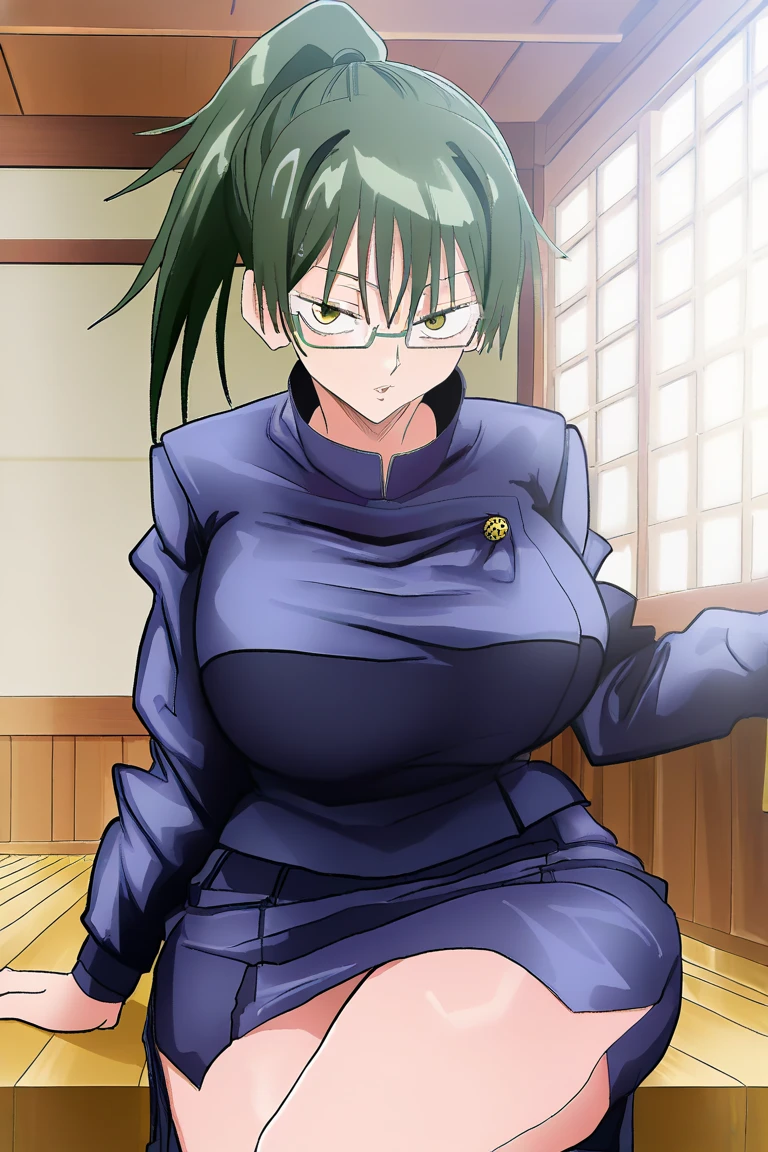 masterpiece, best quality, Kagome Higurashi, 25 years old, matured face, beautiful detailed eyes, ultra detailed eyes, extremely detailed face, large breasts, cleavage, very busty, big hips, strong muscles, athletic physique, She stands tall while wearing a green kunoichi dress. she's looking directly at the camera with a worried look and confused expression. Perfect Anatomy,(Professional Lighting), 4k textures, raw photo, epic artistic, photoreal art, sharp focus, even lighting, insane details, intricate details, hyperdetailed, rich colors, (Background: indoors, bedroom, shelves, windows, desk)