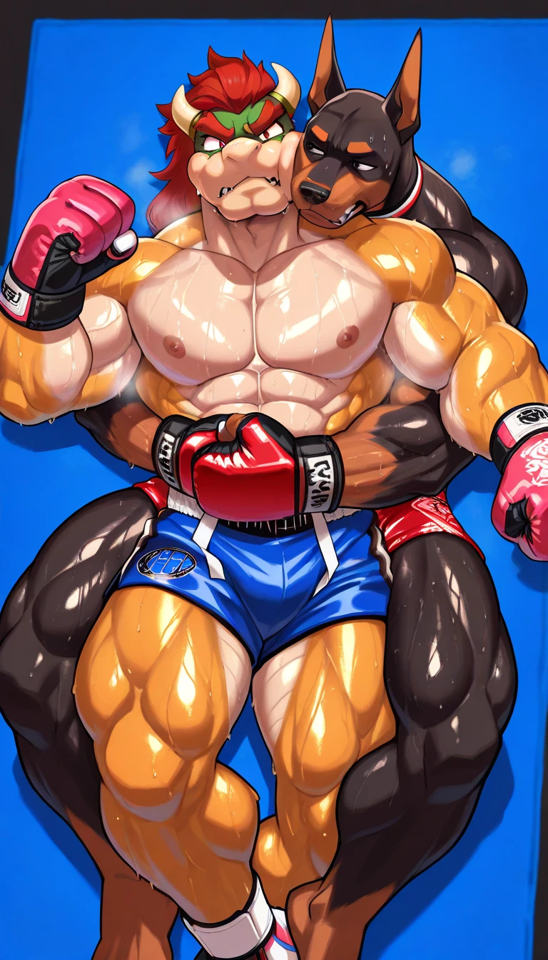 Super muscular adult boar beastman,(Wear a full uniform:1.7),Open your mouth and stick out your tongue,(Surrounded by erect penises),(a large amount of semen on the face and body,:1.6),wrestling,(Deep Throat:1.5),(Nipple ring piercing:1.3),Cumshot from huge red and black erect penis,scrotum,(Masked:1.5),Brown fur,Black hair and beard,Handjob