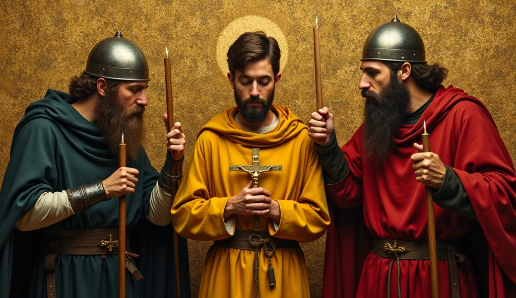 Nsfw, male focus, closeup, group, arm around shoulder, kiss, lust atmosphere, a group of indian priests sin togheter, slim, slender, belly, sideburns, low angle, pubes, (priest robes), closeup, circle jerk, penis, testicles, pubes, handjob, erection, guilty, ashamed, looking at each other, blush, indoors, castle walls, bedroom, monastery<lora:more_details:0.61><lora:more_details:0.61>