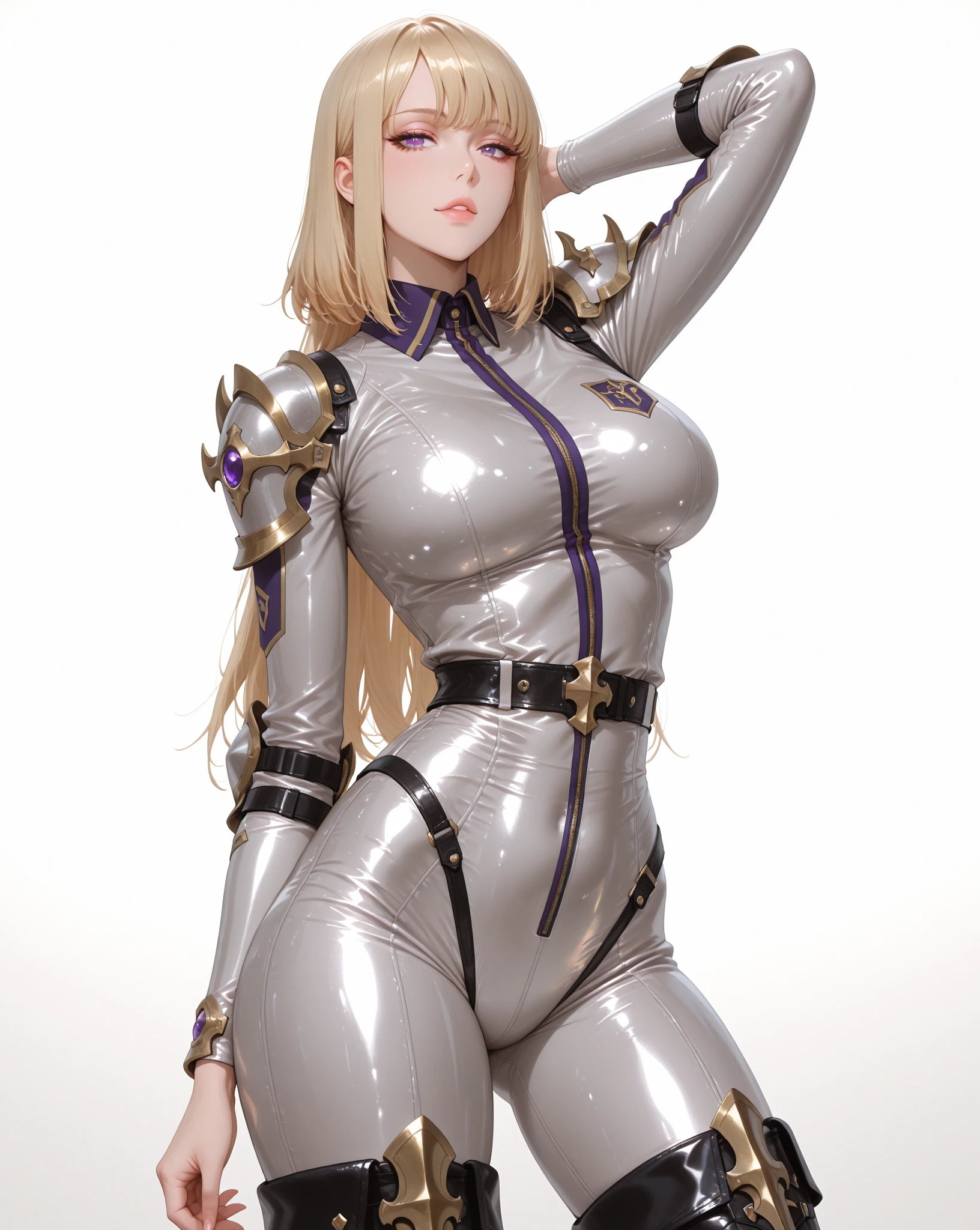 ((top-quality、8K、masterpiece:1.3))、(((The whole picture:1.5、FULL BODYSHOT:1.6)))、no-makeup、Teen Girls、1girl in、japanaese girl、(Slender figure:1.6)、cute little、with round face、silber hair、look at a camera、Audience-friendly、(((城市、natta、battle suits、Black rubber suit:1.3、Black Cybersuit:1.8、gold cross、Reflectors、The sheen、Metallic blue mechanical armor:1.6、Full metal body、Electronics)))、Headband with communication device、(((hyperdetailed face、Detailed lips、A detailed eye、Big eyes、二重まぶた、Silvery hair)))、(Saggy huge chest on the verge of bursting:1.7、Colossal tits:1.7、Sensual body lines:1.8、Feminine body line:1.6、Accentuated cleavage:1.5、Ultra Deep V-Neck:1.9、large udder with overhang,,,,,:1.7)、(((fighting poses:1.6、long boots、cloaks))