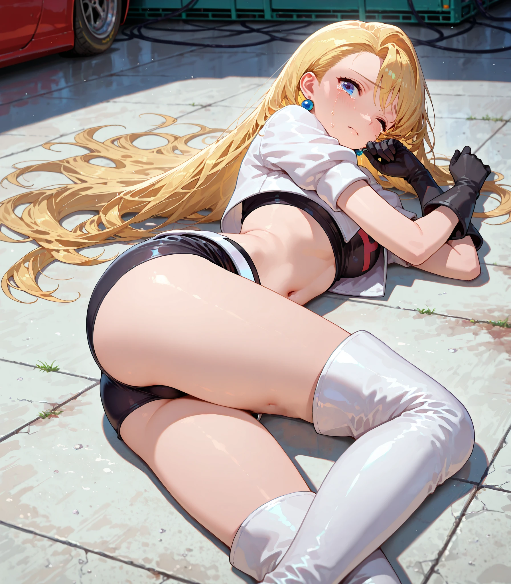 (NSFW)、Very detailed、highest quality、Best image quality、masterpiece、8k、Anime Face、A kind smile、(Open your mouth:1.3)、Sparkling blue eyes、(Blonde Wavy Hair:1.5)、(highleg:1.5)、(SFW Giant:1.5)、(Big Breasts:1.5)、(Rear view:1.5)、(White thong:1.6)