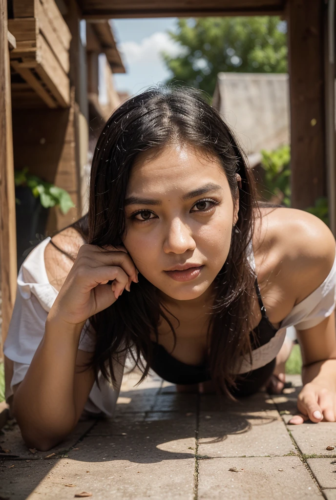 beautiful black woman 30 years old, long black hair, square defined face, big lips, background in home bedroom, with floral flowy light pink   long  dress, kneeling praying, realistic, very angry facial crying a lot of tears,  excretion. 