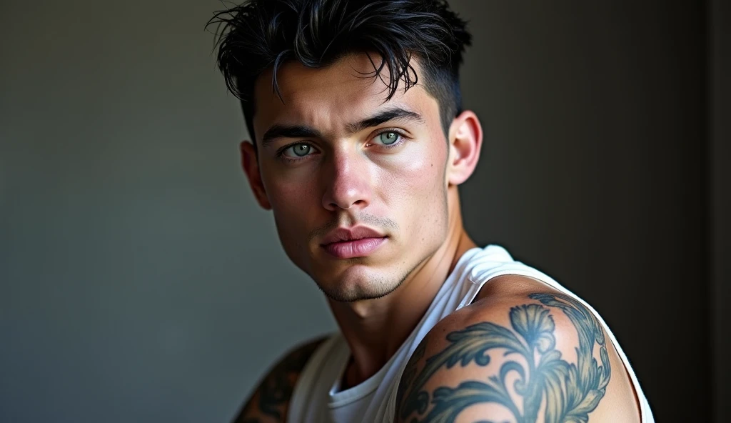 Hombre sin camisa, alto y en forma, con el cabello corto color negro, delineado negro en la parte inferior de los ojos y ojos verdes, mientras modela sexy en diferentes posiciones y lugares.