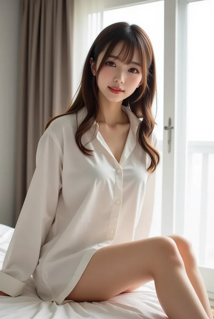 (((Draw only one woman: 2))), Beautiful woman wearing only baggy white long sleeve shirt, Sitting on a stylish bedroom bed, 20-year-old beauty, ((1screen)), in 8K, RAW shot, top quality photo, masterpiece, Nice realistic photos, ((Anatomically correct proportions: 1.5)), ((Perfect proportions)), ((beautiful woman like a Japanese actress) ), A detailed face, A detailed eye, Narrow Nose, Detailed fingers, detailed arms, Detailed skin, Detailed legs, short torso, Slender body, Thin thighs, Large breasts, Shadow, Crotch wrinkles, Small beautiful ass, Shy smile, White dress shirt with collar and front buttons, Unbutton the top four buttons, Men's Shirts for Students, Highly revealing panties visible through the gap